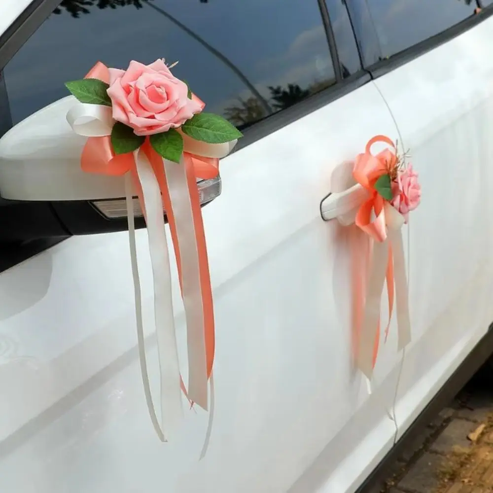 Silk Wedding Car Flowers European Style Artificial Door Handle Decorative Flowers Romantic Bowknot Car Floral Ornament