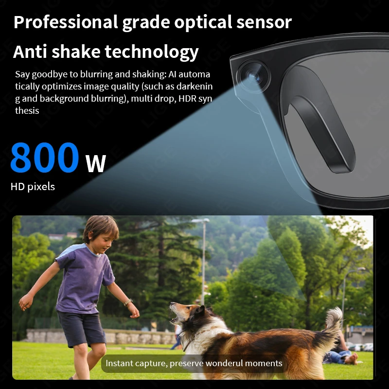 Okulary przeciwsłoneczne LIGE z stabilizacją obrazu, funkcją rozpoznawania głosu AI, redukcją szumów muzycznych, połączeniami Bluetooth i inteligentnymi funkcjami dla mężczyzn.