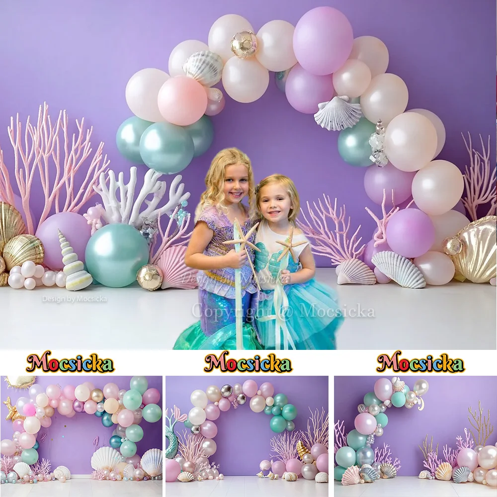 Mocsicka Purple Fantasy Mermaid Background Photography Balloon Seashell Pearl Undersea Backdrop Kid Girl Birthday Photo Studio