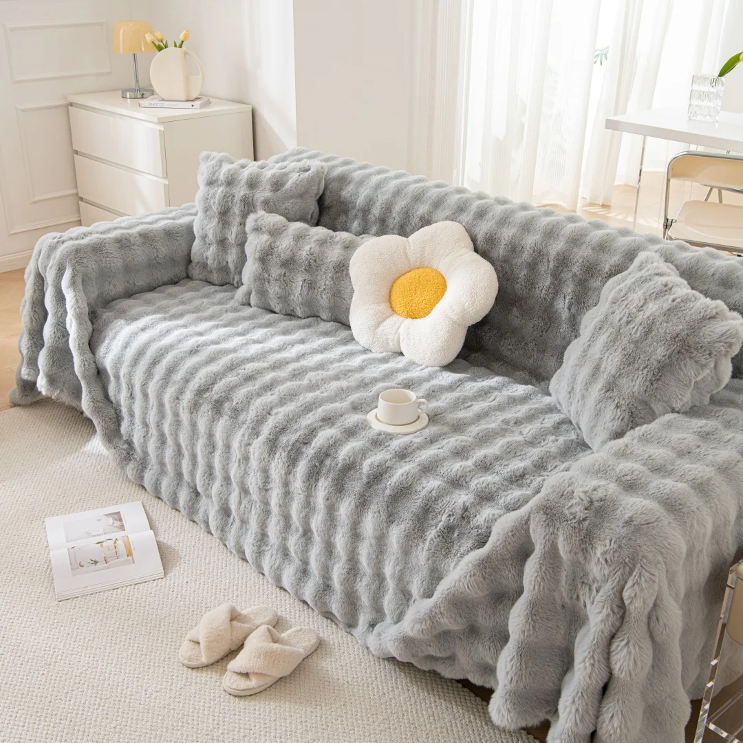 1pc Bubble Faux Rabbit Fur Sofa Throw Cover, Pet Friendly Anti-Scratch Anti-Dirt Non Slip Sofa Protector, Machine Washable Warm