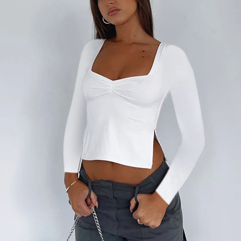 

Women Clothing 2024 Sexy Pleated Side Slit Crop Top Fashion Solid Long Sleeve Tops T-shirt Square Neck Slim T-Shirts for Women