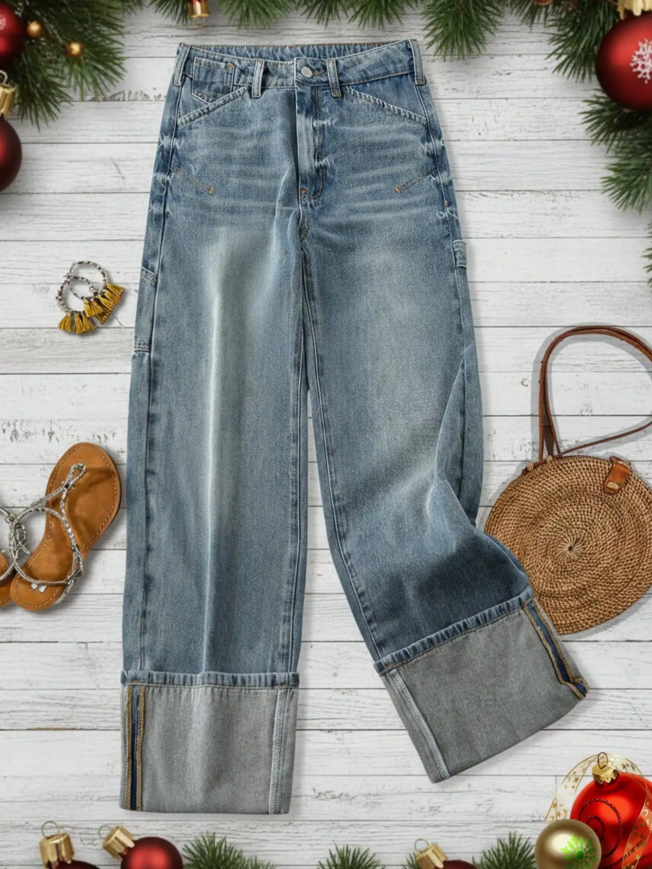 

Женские джинсы свободного кроя с эффектом потертости и рваными деталями, винтажные, прямые, с отворотами на штанинах