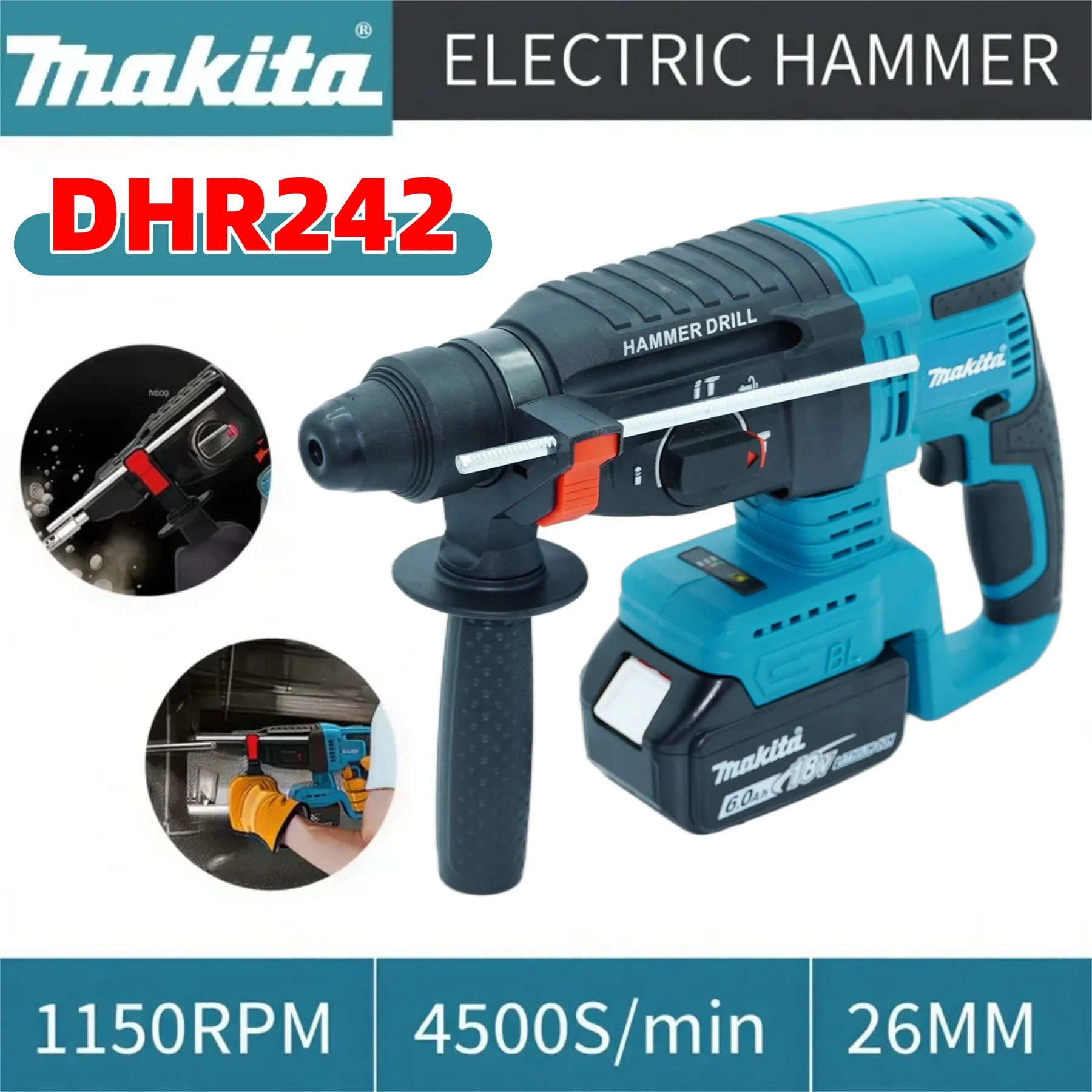 Original Makita DHR242 18V Bohrhammer mit Geringer Vibration 13,5m/s² Komfortabler Betrieb für Lange Bohrungen