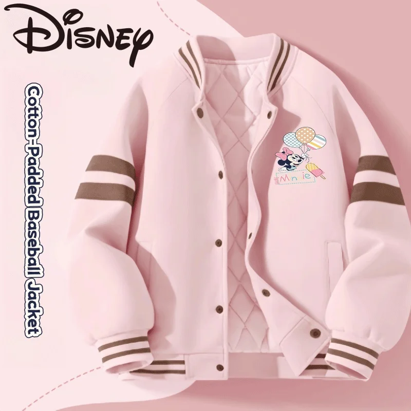 Kurtka baseballowa dla dziewczynek Disney, ocieplana bawełną, różowa, wzór Minnie, wiatroodporna odzież wierzchnia, jesienno-zimowa kurtka odporna na zimno.