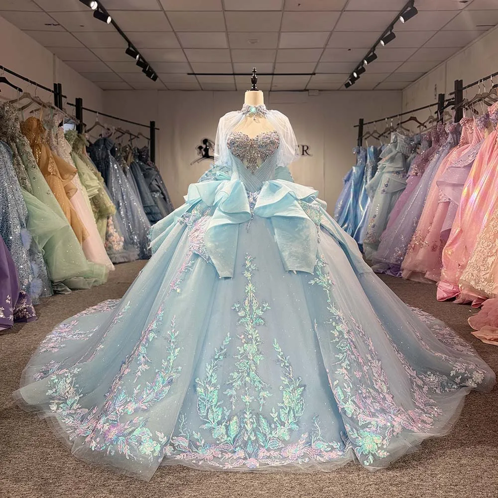 Vestidos de quinceañera de estilo real, vestido de gala color aguamarina, diseño personalizado, sin tirantes, con capa de tul y detalles de pedrería, con cola larga, vestidos de fiesta elegantes.