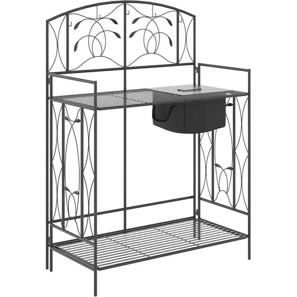 olding Potting Bench Table, Metal Garden Workstation, Work Bench with Large Built-in Bag with Cover, 5 Hanging Hooks & Storage S