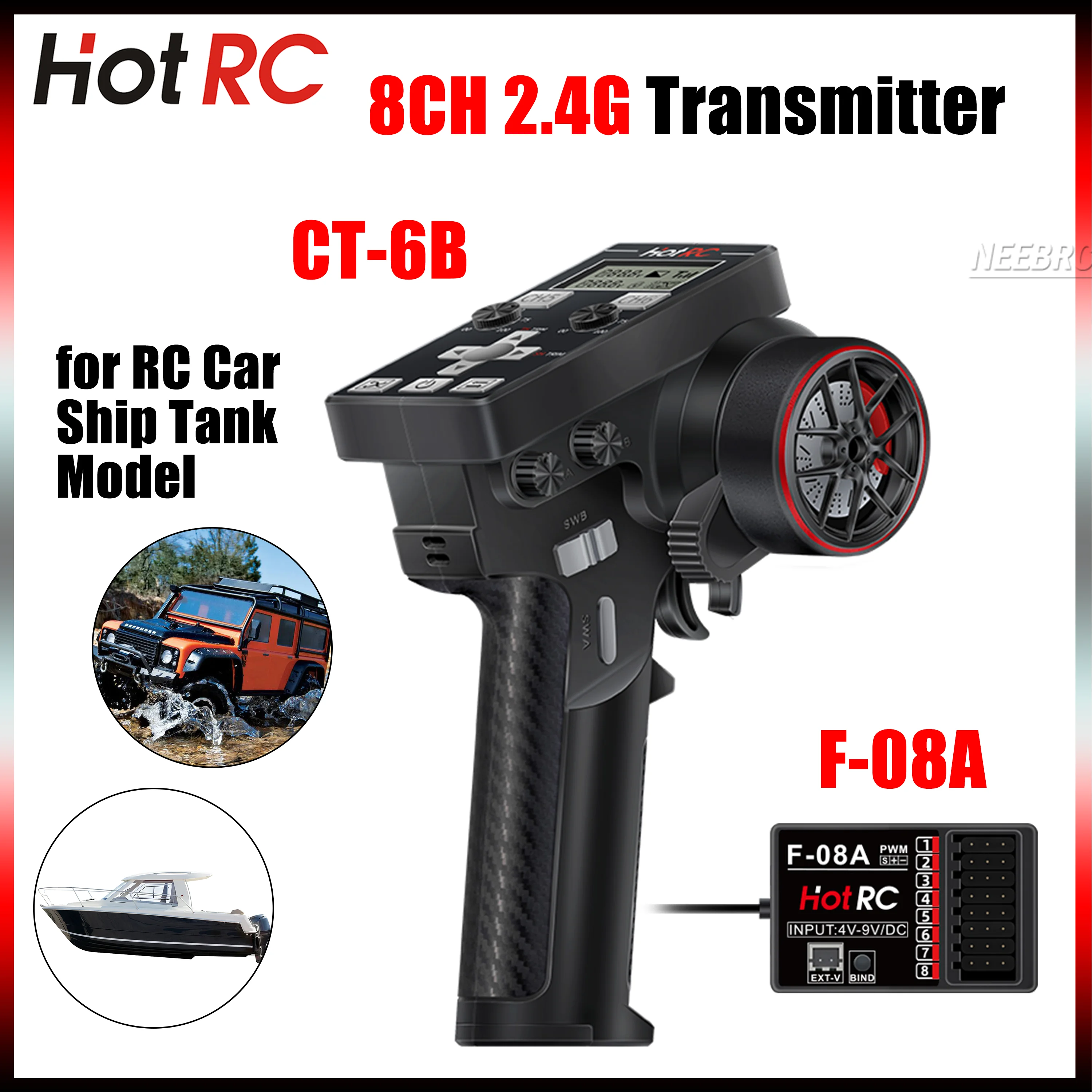 HOTRC CT-6B 8CH 2.4G Transmissor Sistema de rádio de controle remoto com receptor F-08AT retorno de tensão para modelo RC carro barco tanque brinquedo