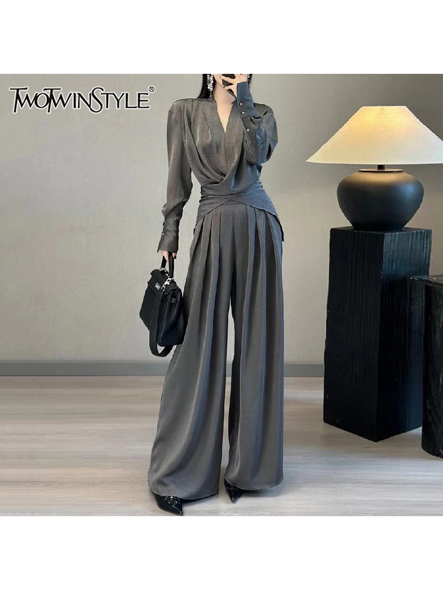 

TWOTWINSTYLE Slimming Spliced Folds Two Piece Sets for Women V Neck Long Sleeves Patchwork Button Top High Waist Pant Set Female