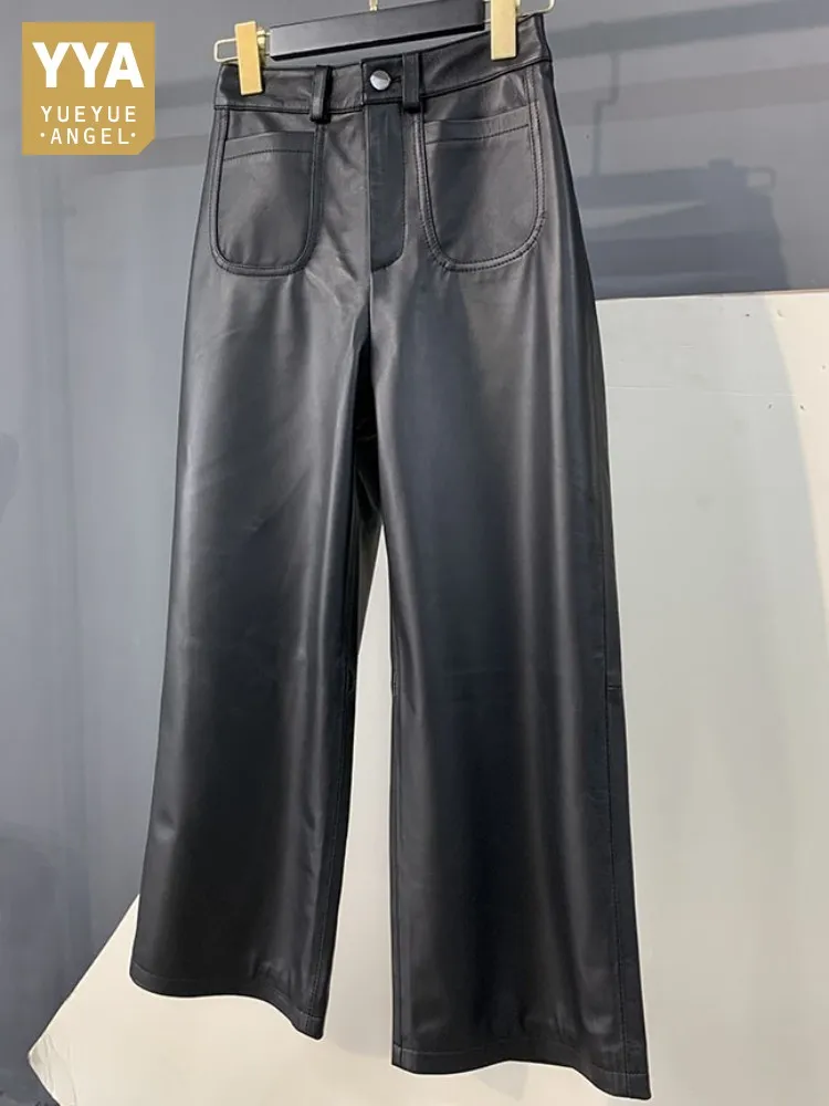 الترفيه نمط زر جلد الغنم السراويل المريحة بلون جلد طبيعي عالية الجودة السيدات جيب مستقيم الساق بنطلون #1