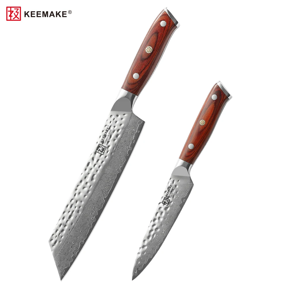 

KEEMAKE 2PCS Damascus Steel Chef Cleaver Knife Set 5'' Utility Japanese VG10 Sharp Gyuto Kiritsuke Slicer Meat Fruit Cutting