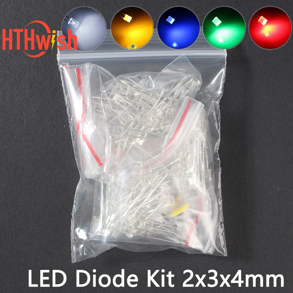 100pcs 2x3x4mm 5Colors LED Diode Kit  2V-3.2V 20mA Transparent Yellow Green Red White Blue 2*3*4 mm Light Emitting Diode kit