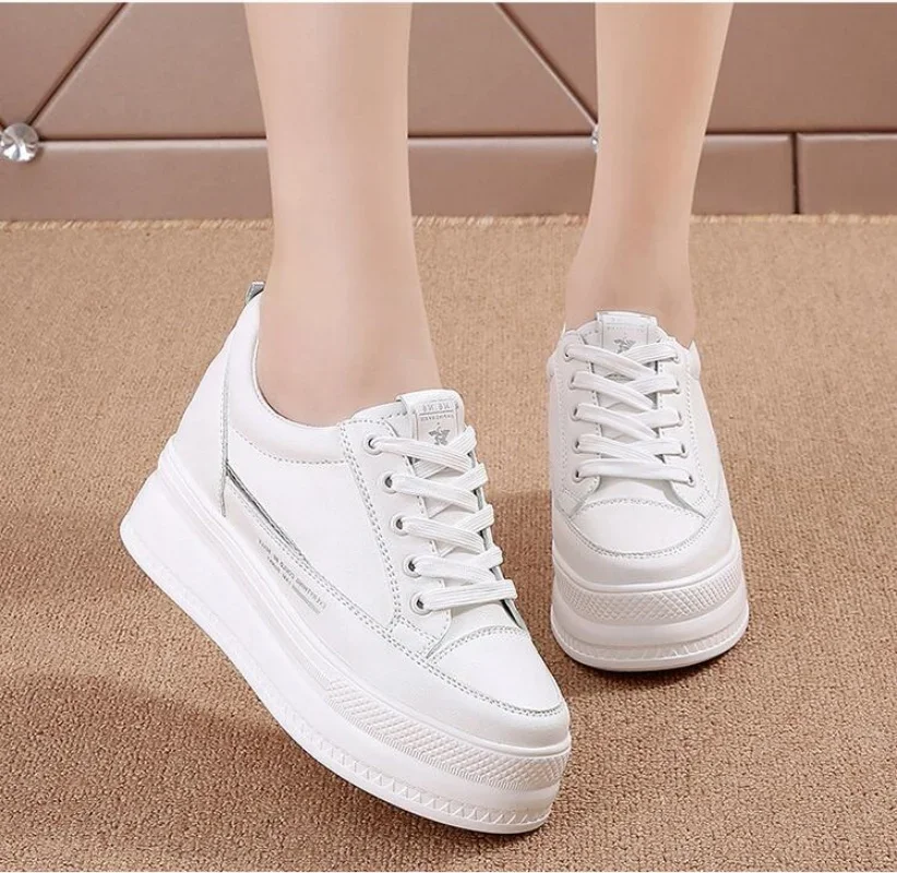 New 7cm GENUINE LEATHER Women Casual Shoes White Platform Wedge Hidden Heel Shoes White Shoes Chunky Sneakers Skateboard