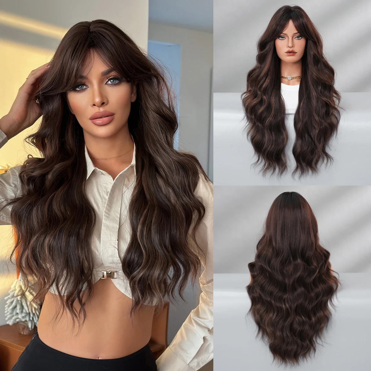 7JHH WIGS Long Body Wave Mocha Brown Wig for Women Modest Fashion Synthetic Heat-Resistant Middle Part Wigs with Curtain Bangs