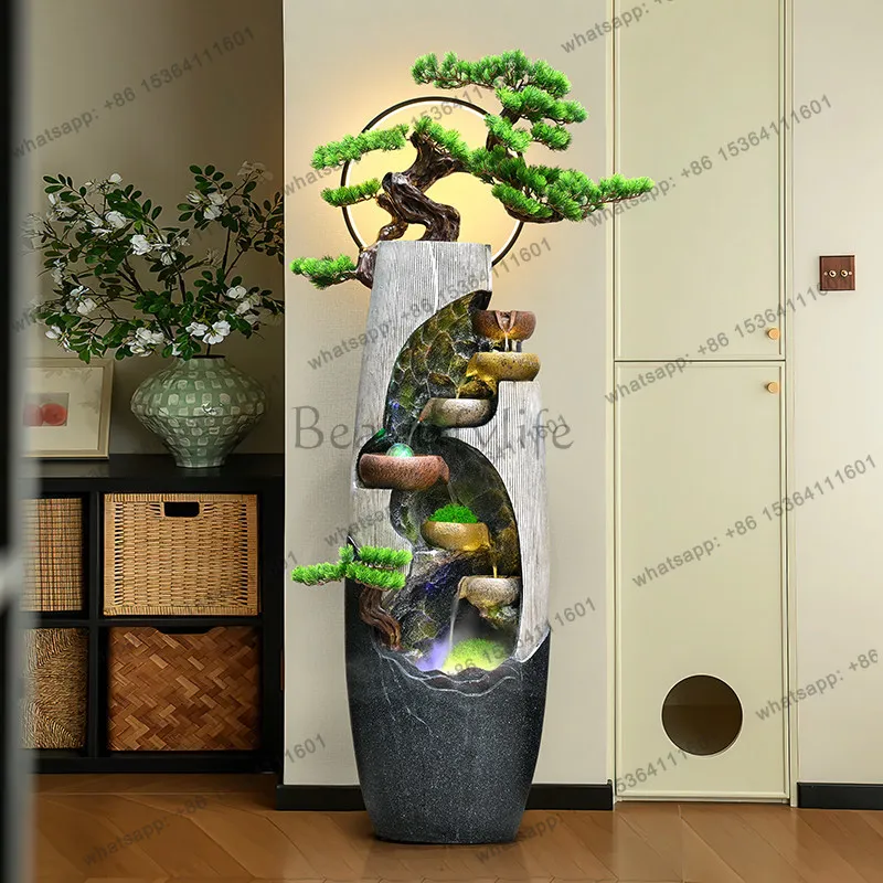 Style Circulating Water Flowing Ornament, Living Room Decoration, Feng Shui Wheel Floor-Standing Rockery Fountain Display