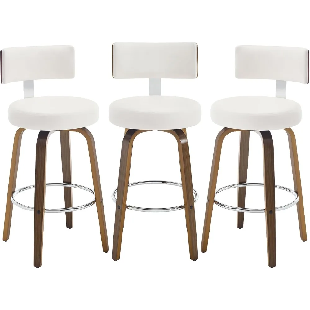 Swivel Counter Height Bar Stools Set of 3, Faux Leather Kitchen Stools Upholstered Barstools with Back, Walnut Wood Legs, Mid Ce