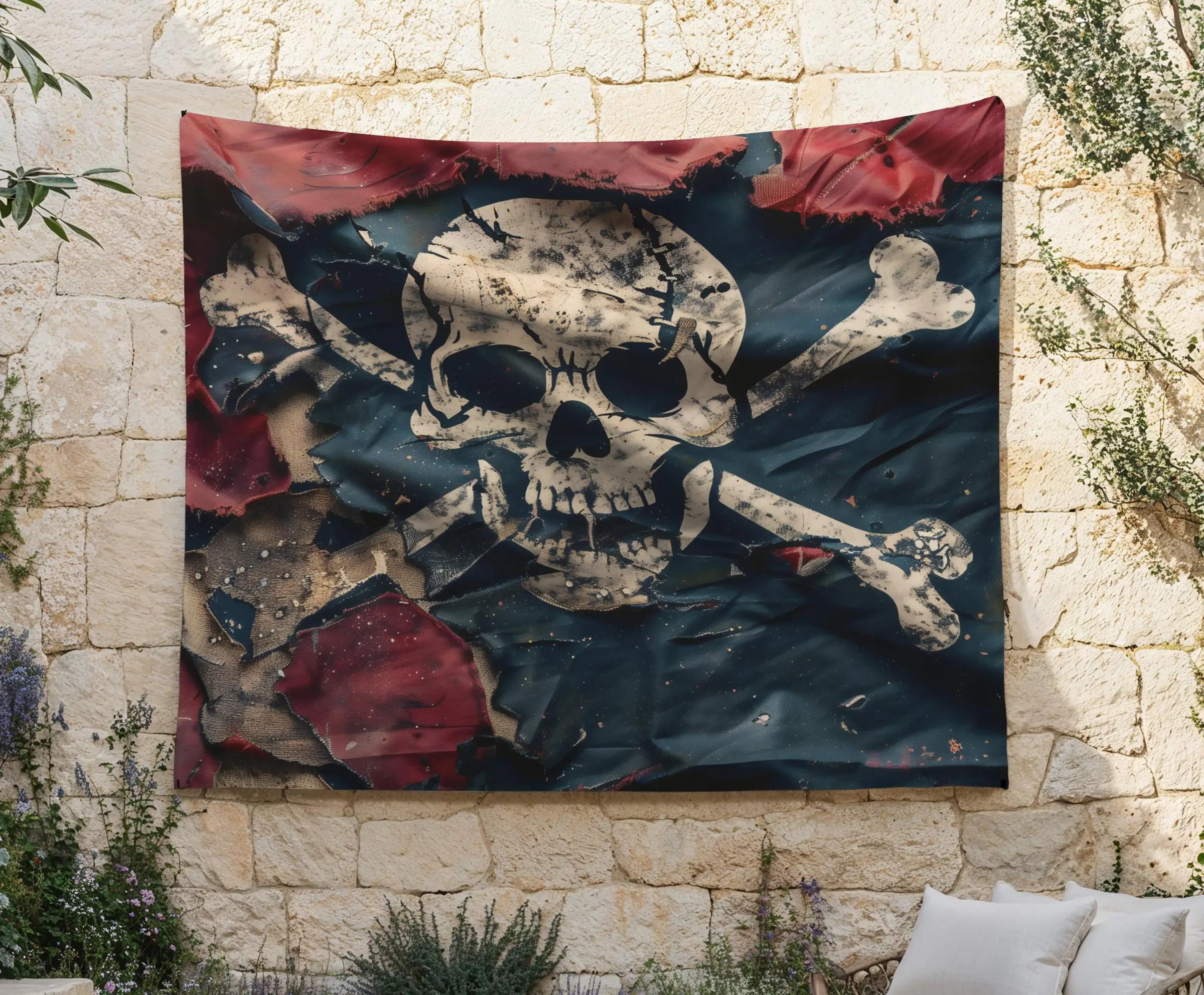 Red and Black Pirate Flag Tapestry, Skull and Crossbones, gym Wall Decor, Fantasy Wall Hanging, Gaming Setup, room Tapestry