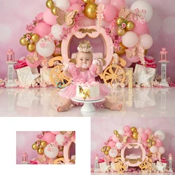 Princess Carriage And Butterflies Backdrops Kids Baby 1st Birthday Cake Smash Photocall Decors Pink Balloons Backgrounds