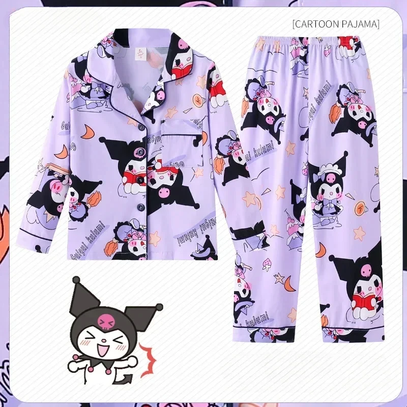 Anime Sanrio Pochacco Cinnamoroll Kuromi Children Pajamas Spring Autumn Y2k Long Sleeve Flip Neck Cardigan Girls Nightwear