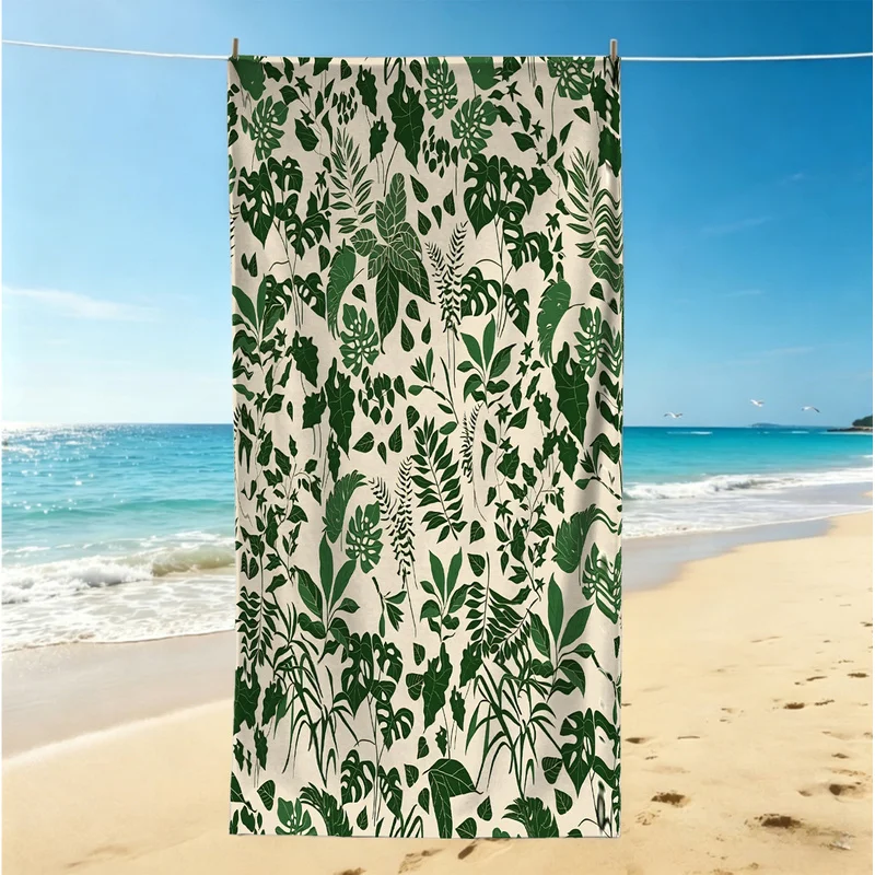 Microfiber Beach Towel,Ultra-Soft,Skin-Friendly,Portable,Durable,Green Tropical Leaves and Ferns Print,Beach Day Essentials