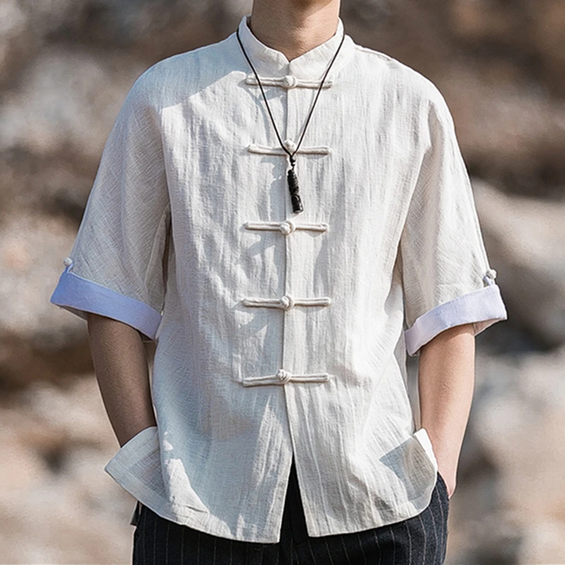 Chinese Style Summer Thin Short Sleeve Shirt For Men Clothing Vintage Plus Size Cotton Linen Tops Tai Chi Kung Fu Wrinkle Hanfu