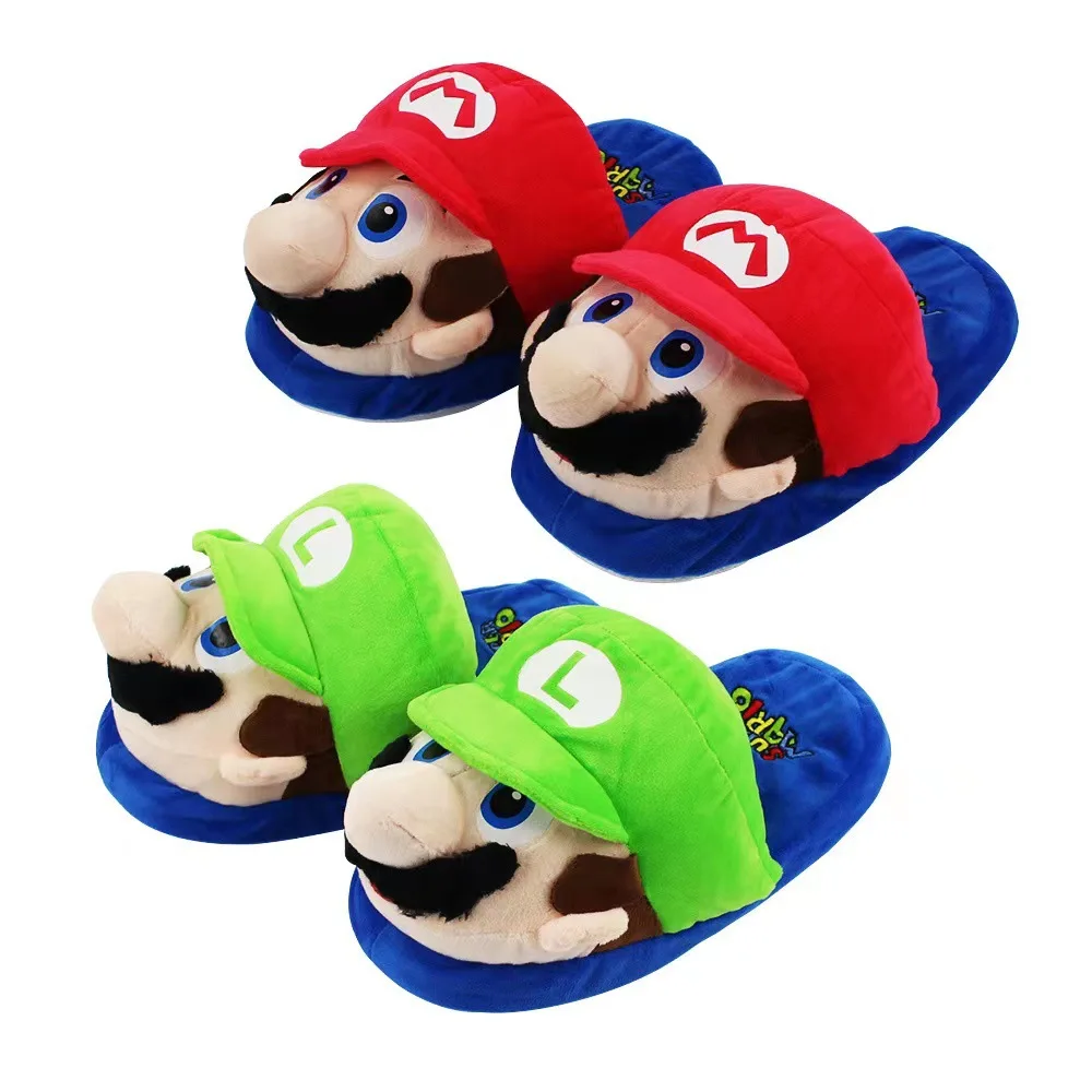 Cute Super Mario Game Luigi Home Indoor Slippers Non-slip Winter Warm Cotton Free Size Slippers Birthday Gift for Parent-Child