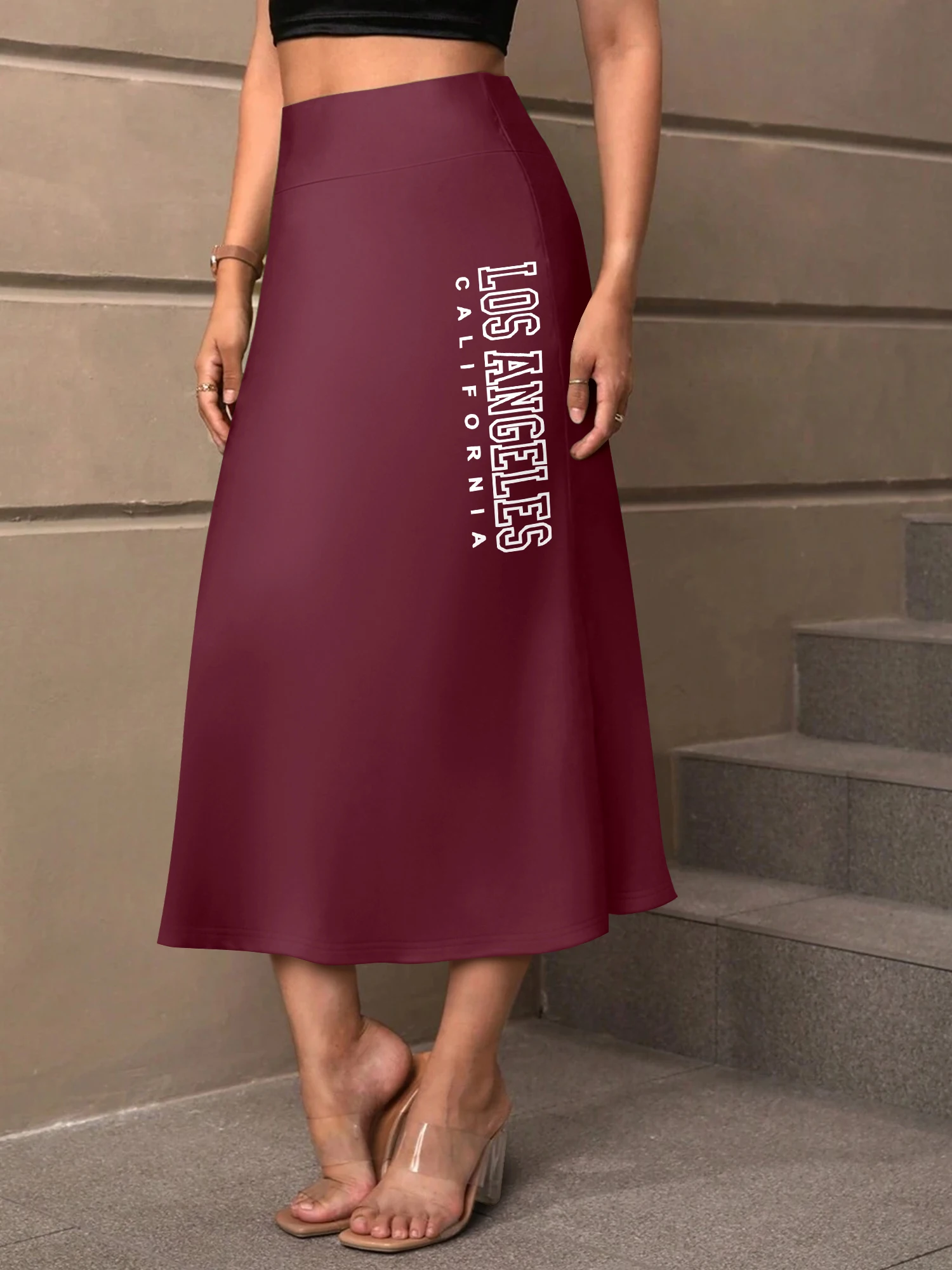 Women High Waist A-line Midi Skirt, LOS ANGELES Letter Print , Casual Soft Fabric Flared Long Skirt for Daily Street Wear