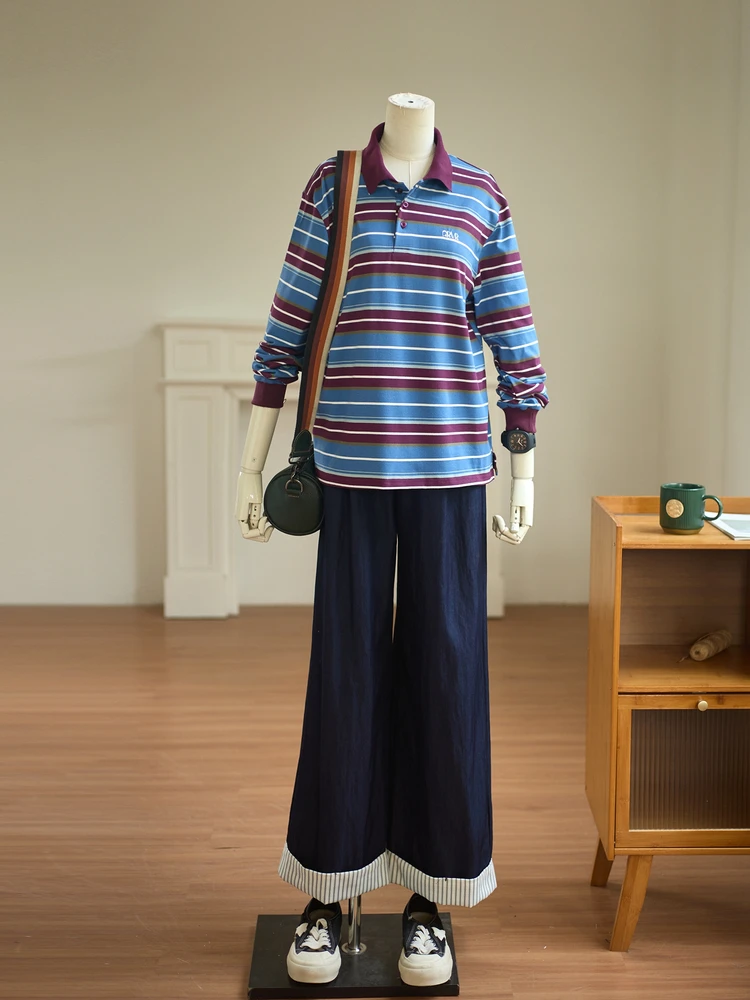 

Qin Chuang Valley, осенняя антивозрастная свободная цветная длинная полосатая женская хлопковая футболка Sve irt, повседневная классическая футболка