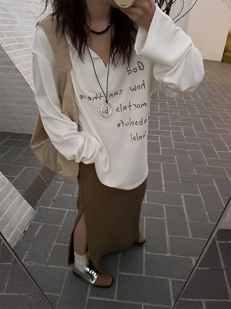 

MOEROP Cool Attitude Белая футболка с надписью женская свободная повседневная длинная све весенняя новинка Sle Street Sle V-Ne