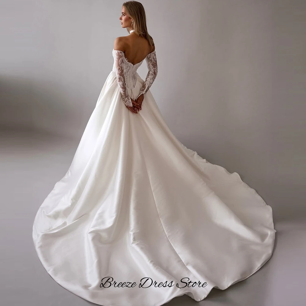 Classic Boat Neck Long Sleeves Wedding Dress Customized Satin Side Slit Bridal Gowns High Quality Appliques Lace Robe de mariée