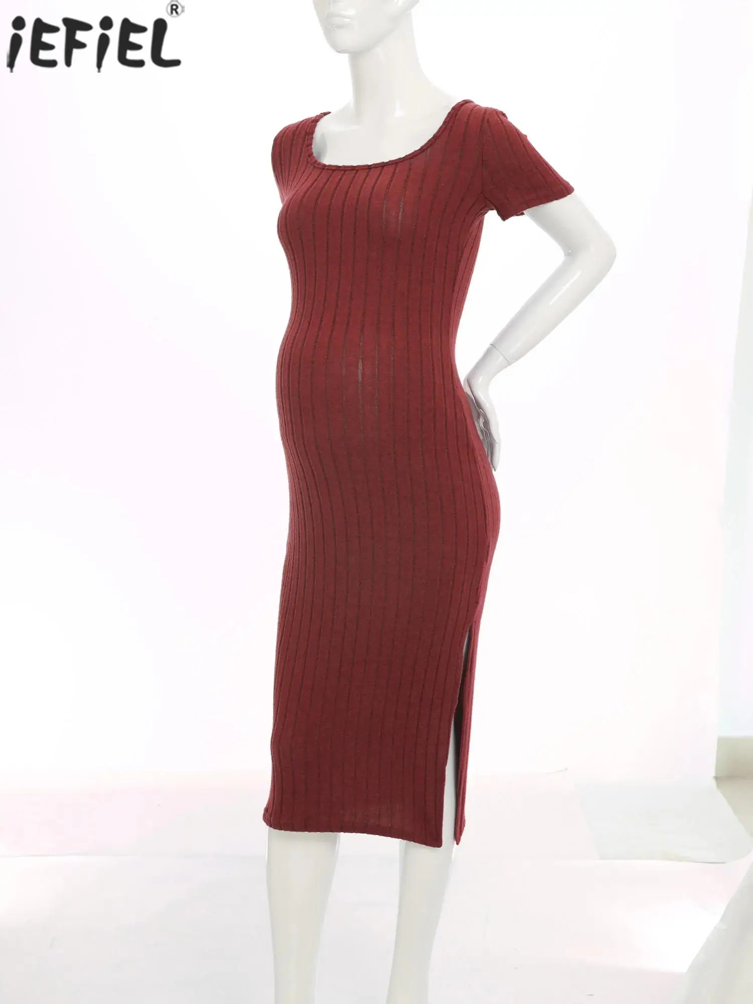 

Elegant Maternity Knitted Dress Solid Color Short Sleeve Split Dresses Pregnancy Women Clothes Wedding Party Casual Daily Wear
