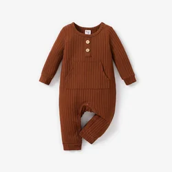 PatPat Baby Boy/Girl Solid Ribbed Long-sleeve Jumpsuit with Pocket Soft and Comfortable  Perfect for Outings Basic Style