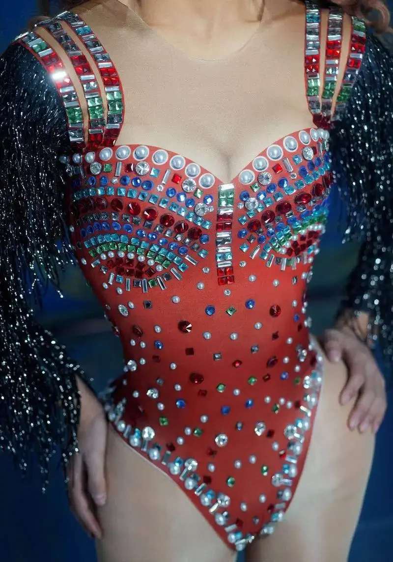 Women Dance Bodysuit Nightclub Bar Outfit Singer Wear Sexy Glitter Multicolor Rhinestones Rompers Sequins Fringe Sleeve Jumpsuit