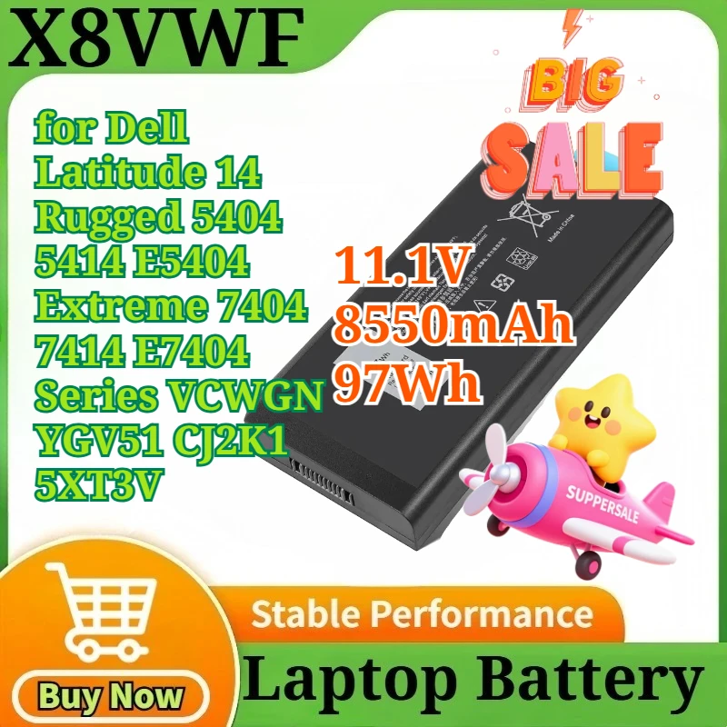 

Аккумулятор X8VWF 11.1V 8550mAh 97Wh для Dell Latitude 14 Rugged 5404 5414 E5404 Extreme 7404 7414 E7404 Series VCWGN YGV51 CJ2K1 5XT3V