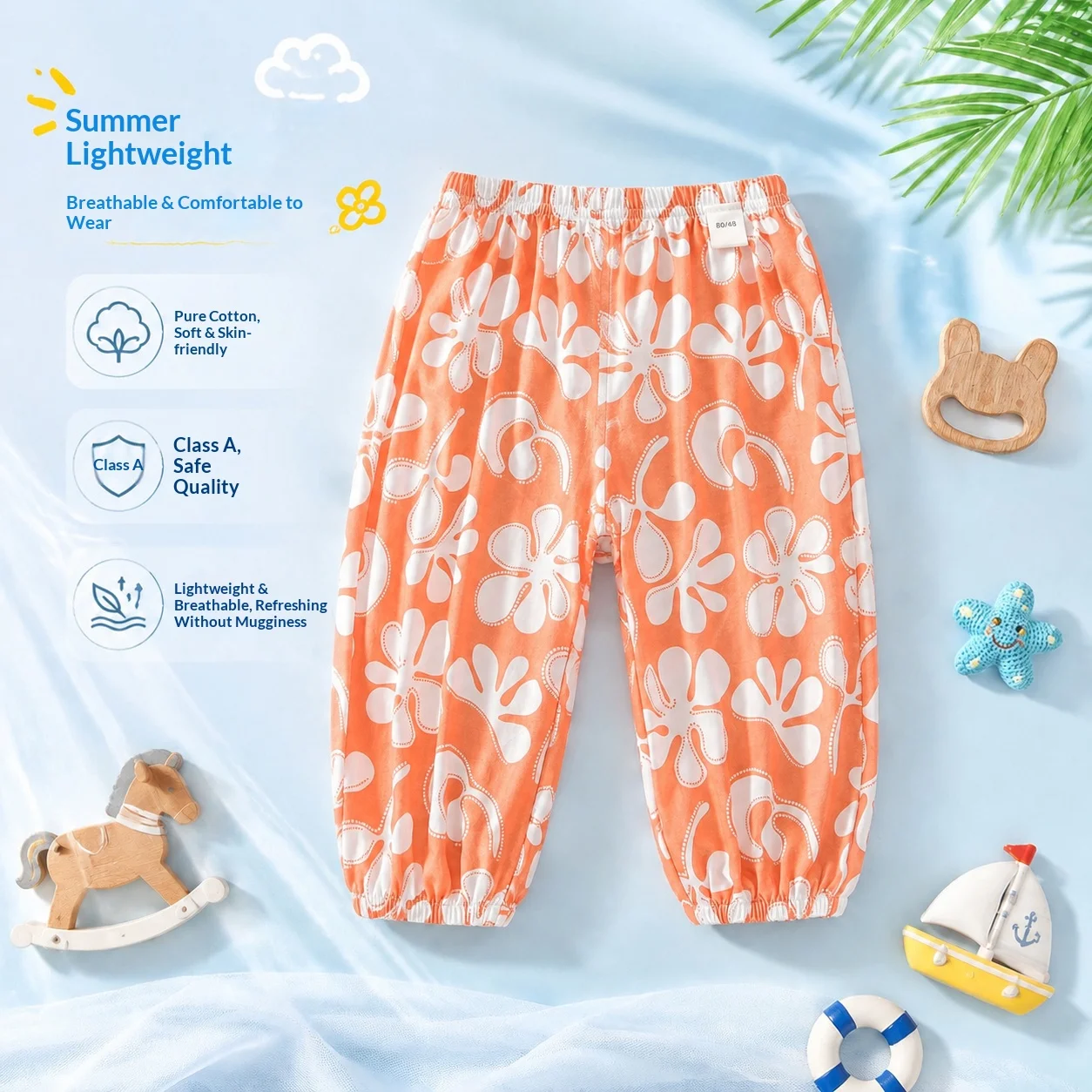 A Class Baby Anti Mosquito Pants Summer Thin Soft Breathable Toddler Bloomers Orange White Floral Print Elastic Waist Kids Casua
