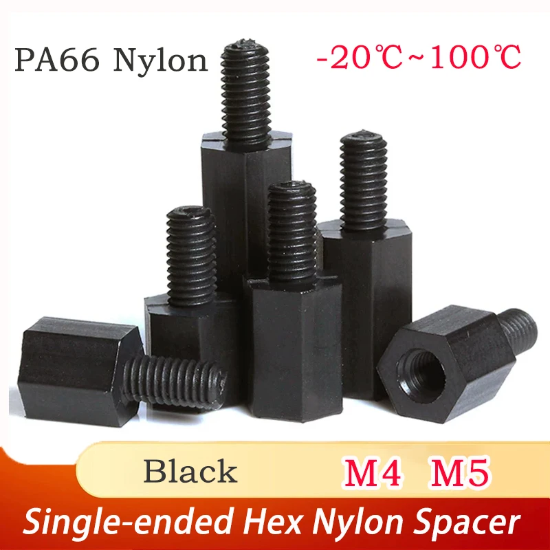 8~15pc M4 M5 Black Single-ended Hex Nylon Spacer PA66 Nylon Plastic Insulation Support Column PC Board Spacing Screw Colum