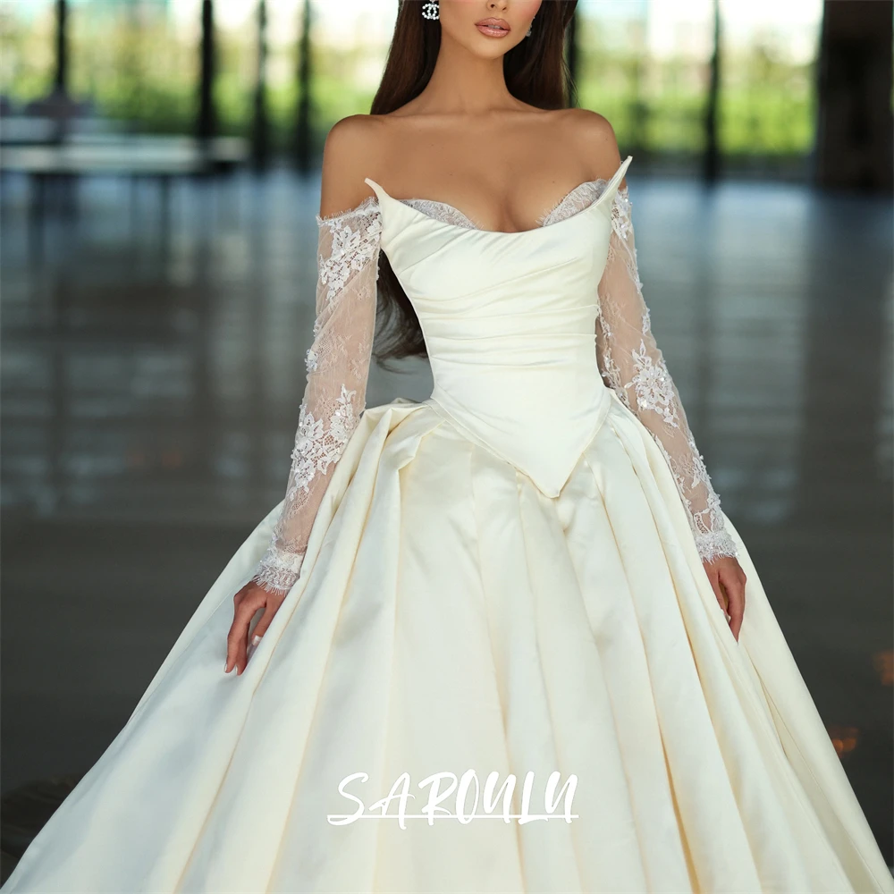 Modern Satin Long Wedding Dress with Off Shoulder Lace Sleeves Elegant Custom Made Bride Dresses Plus Size Women Bridal Gown