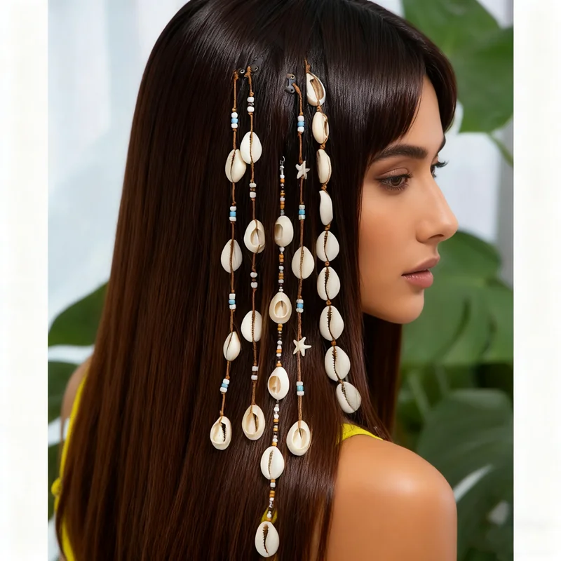 Conch Shell Hair Clips Summer Beach Hair Accessories Braided Wax Thread with Tassel Boho Vacation Hairpins