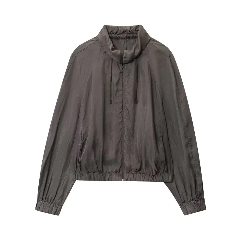 سترة الطيار خمر أنيقة سيدة الدافئة سستة معطف عصري كامل الأكمام فضفاضة نصف عالية الياقة جيب الشارع الشهير