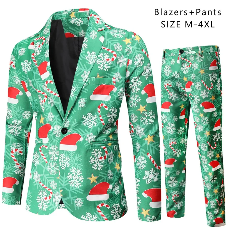 حفلة عيد الميلاد الرجال قطعتين منتظم صالح البدلة مجموعات ندفة الثلج سانتا كلوز المطبوعة سترة السراويل الرجال الزي الرسمي لعيد الميلاد