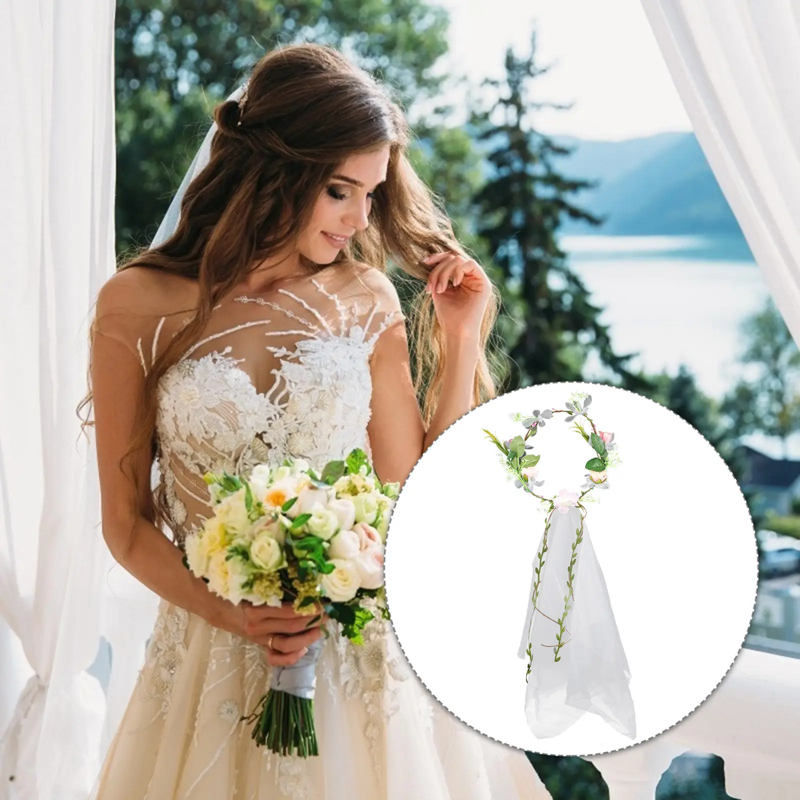 Floral Wreath Veil Headdress for Women – Lightweight Gauze Bridal Hair Accessory for Wedding Birthday Photo Shoot