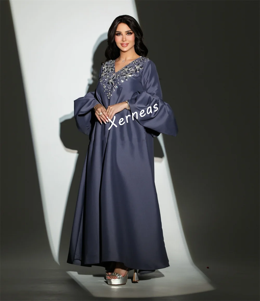 Customized Charmeuse Rhinestone V-neck A-line Midi Dresses Bespoke Occasion ClassicEvening Dress High Quality Party Gown