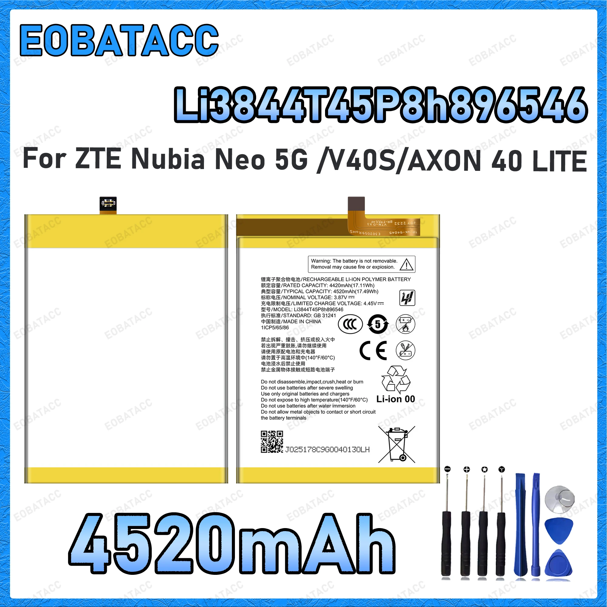4520mAh Li3844T45P8h896546 Ersatzakku für ZTE Nubia Neo 5g 8150N Akku Reparatur-Werkzeug-Set