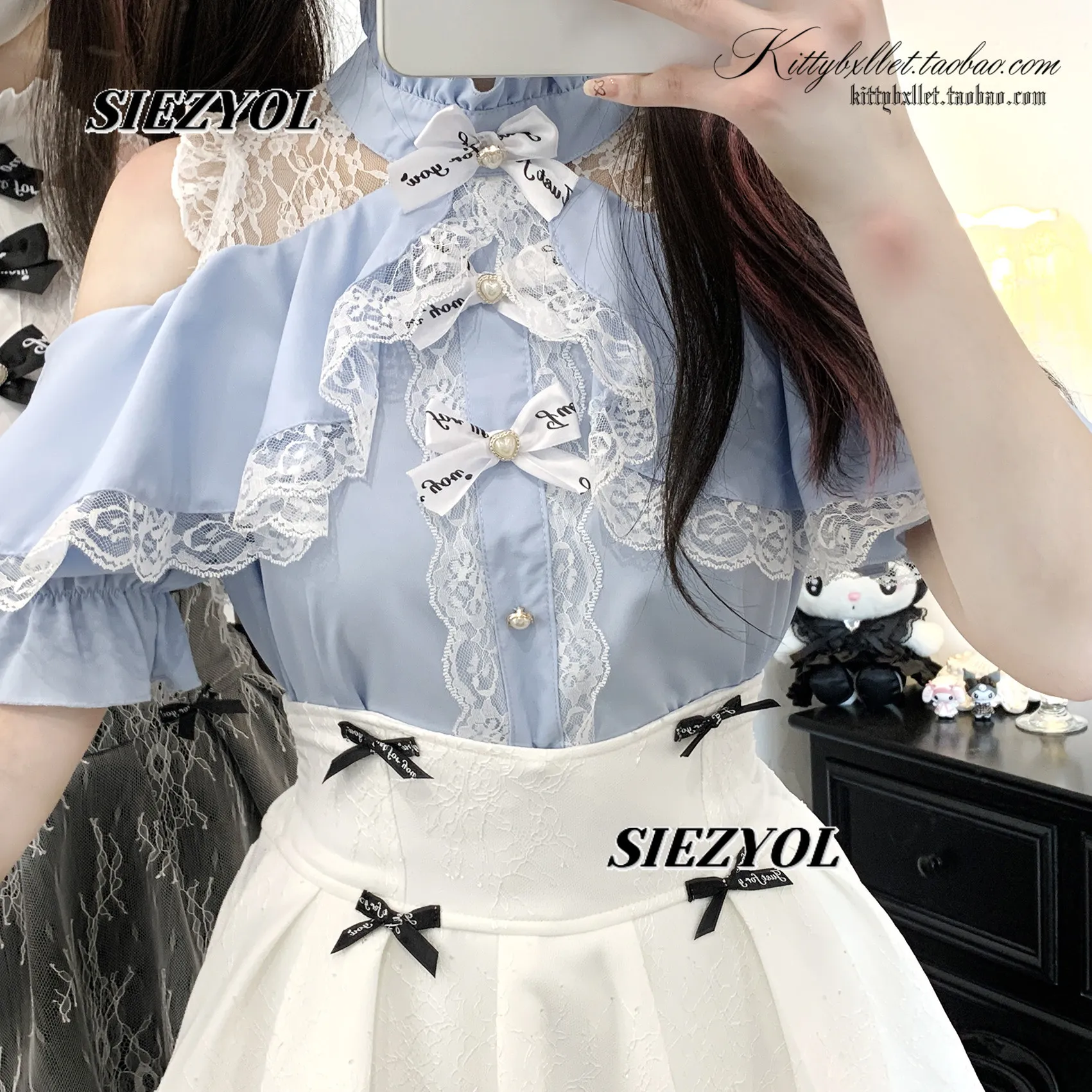 Sweet Girls Tops Summer New Arrival Original Easiest for Match Stand Collar Blouse Bows Lace Off-shoulder Short-sleeved Shirt