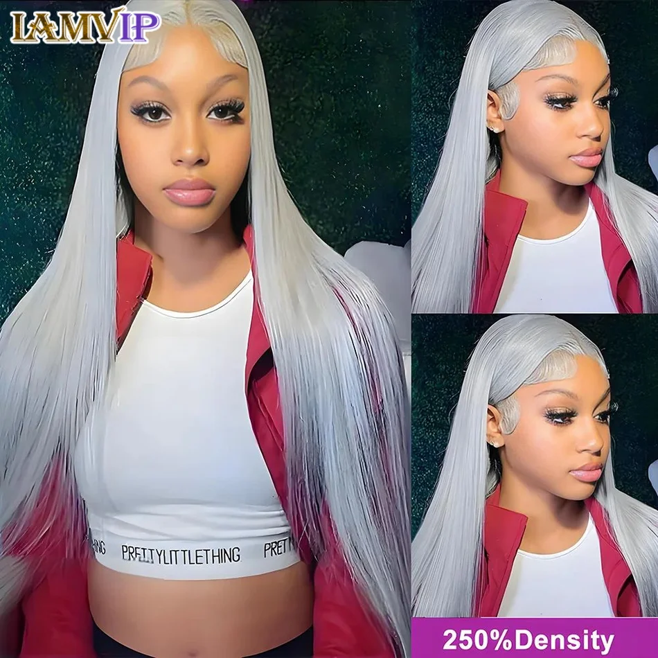 

250% 36 дюймов Серебристо-серый HD 13x6 Прямые парики из натуральных волос на кружеве спереди Предварительно выщипанные 13x4 Прозрачные фронтальные парики для женщин Бразильские