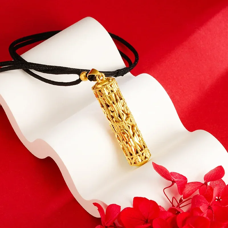 

60cm Six Character Proverbs Pillar Necklace Rope Chain Necklace for Men Real 24k 999 Yellow Gold Plated Pendant Necklace Jewelry