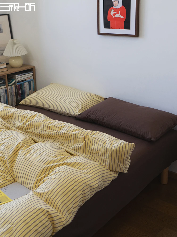 Pure Cotton Linen Waed Bedding Set Stripe Pattern Quilt Coverlet Duvet Insert eets Pillowcases Comforter Set Bedding