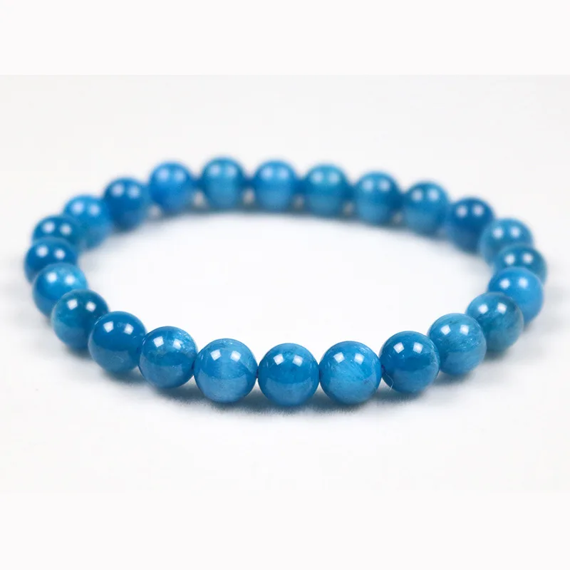 Natural Blue Apatite Round Bead Bracelet Single Loop Crystal Stretch Bangle Men Women Gemstone Jewelry