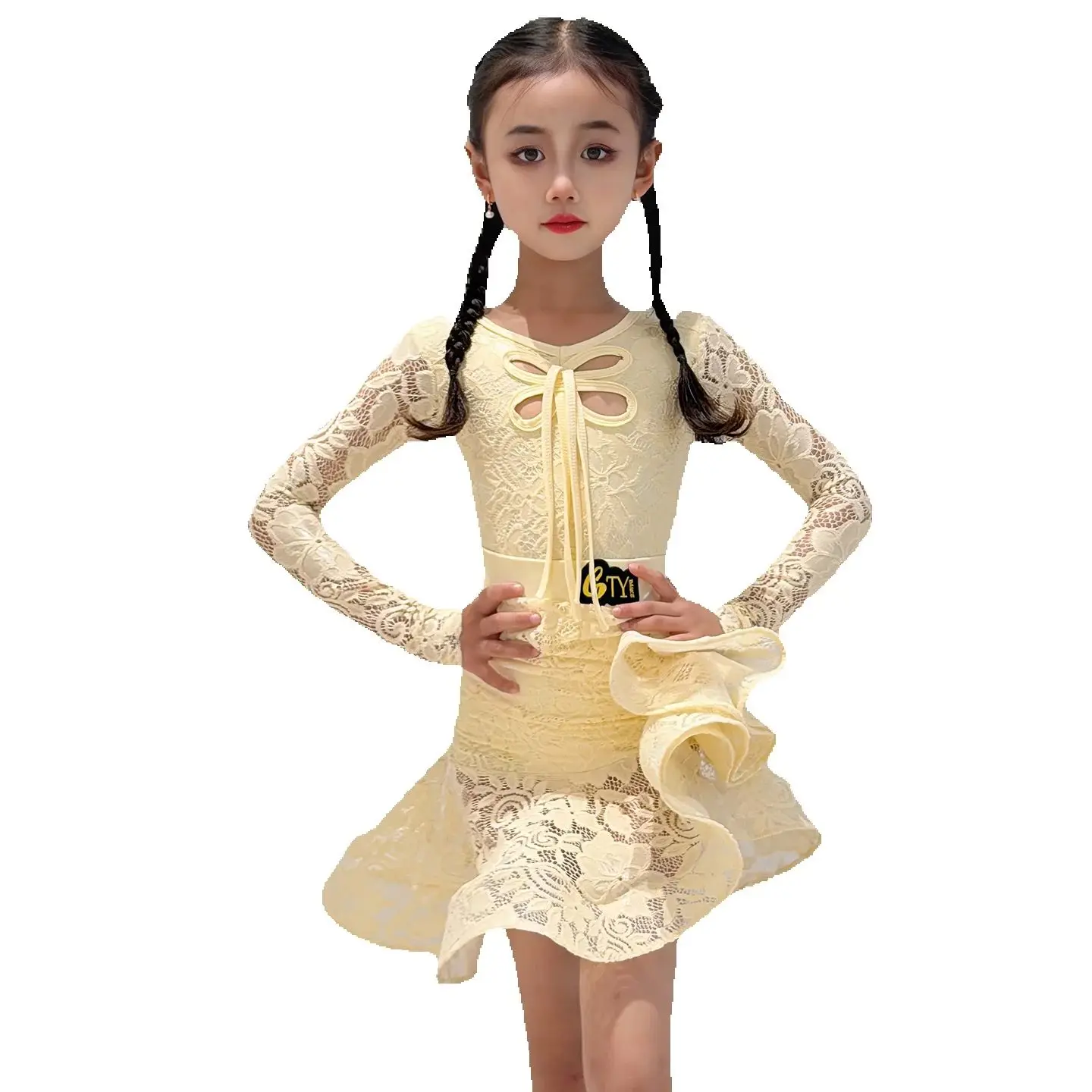 Vêtements de danse pour enfants, concours de danse latine jaune, manches longues, robe de danse de salle de bal, costumes de scène SL14599
