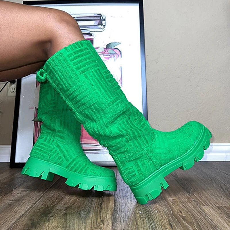 Chic Women Long Boots Brand Design Terry Cloth Knee-high Booties Ladies Thick Sole Pink Green Botas Tone To Tone