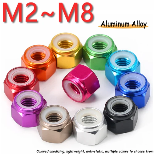 2/3/5 Uds. Tuercas de seguridad hexagonales de nailon con brida de aleación de aluminio colorida M2 M2.5 M3 M4 M5 M6 M8 tuerca de bloqueo de inserción de nailon hexagonal de aluminio anodizado